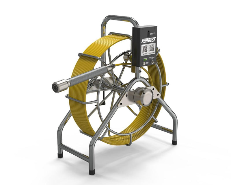 Cable reel with yellow cable and metal stand on a white background