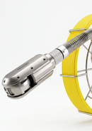 Close-up of a metallic inspection camera tip with a coiled yellow cable and metal basket reel on a white background.