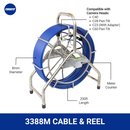 Cable reel with blue cable and metal stand, featuring Farbest branding.