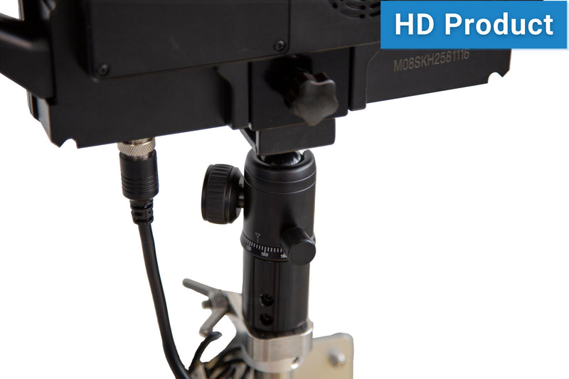 Close-up of the mounting bracket and cable connection of a Forbest inspection system, showing the HDMI port, adjustment knobs, and connected power cable.