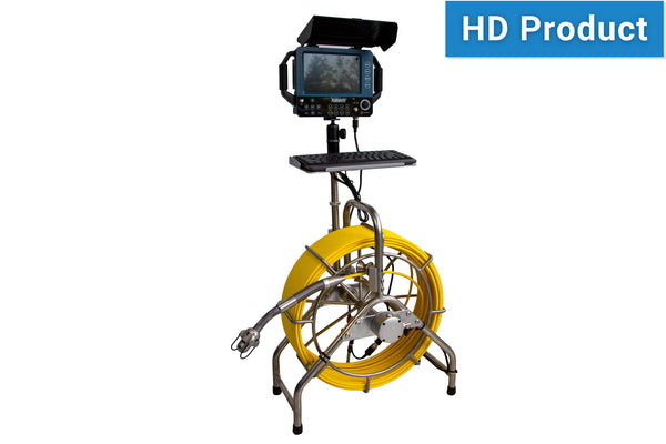 Pipe inspection camera system with yellow cable on a white background
