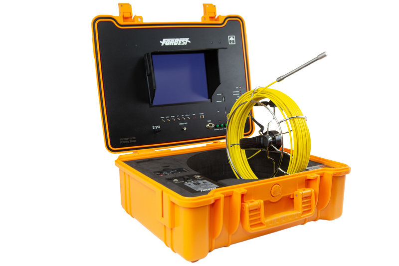 Forbest Classic 4188 C12B mini pipe inspection camera system with 10-inch LCD monitor, yellow fiberglass push rod, and waterproof camera head in a rugged orange carrying case.