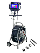 Cleaning inspection camera system with monitor and cable reel on a white background
