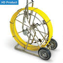 Pipe Inspection Cable reel with yellow cable on a stand against a white background