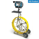 Pipe inspection camera system with Yellow cable and monitor on a white background