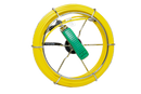 Yellow cable reel with green connector on a white background