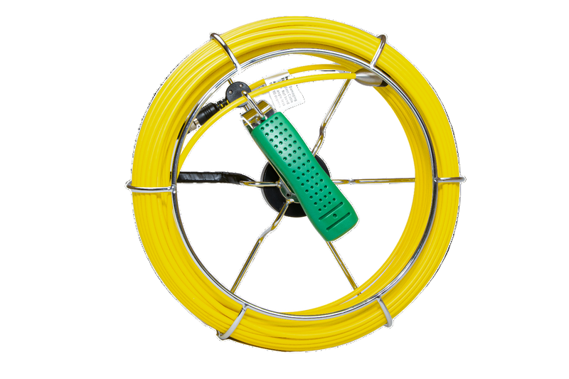 Yellow cable reel with green connector on a white background