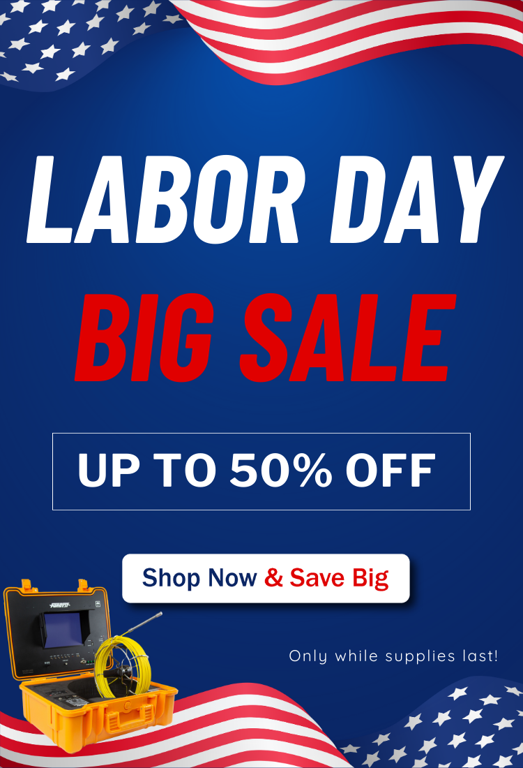 Labor Day sale advertisement with American flag, 'Big Sale' text, and tool box icon on blue background