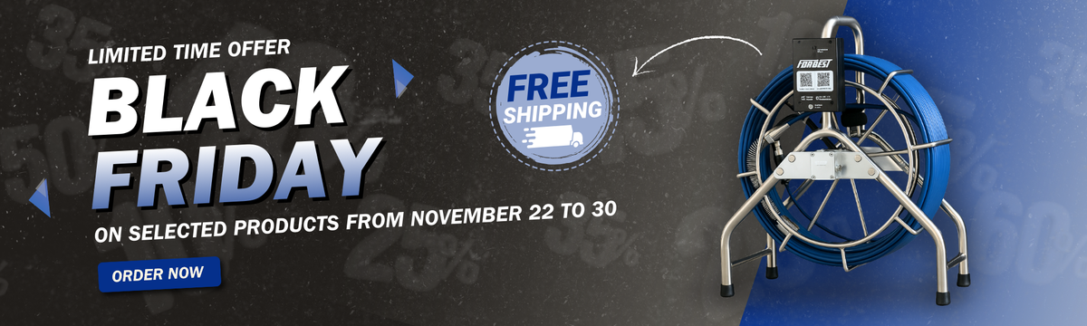 Black Friday promotional banner with a product reel and free shipping offer on a blue and black gradient background.