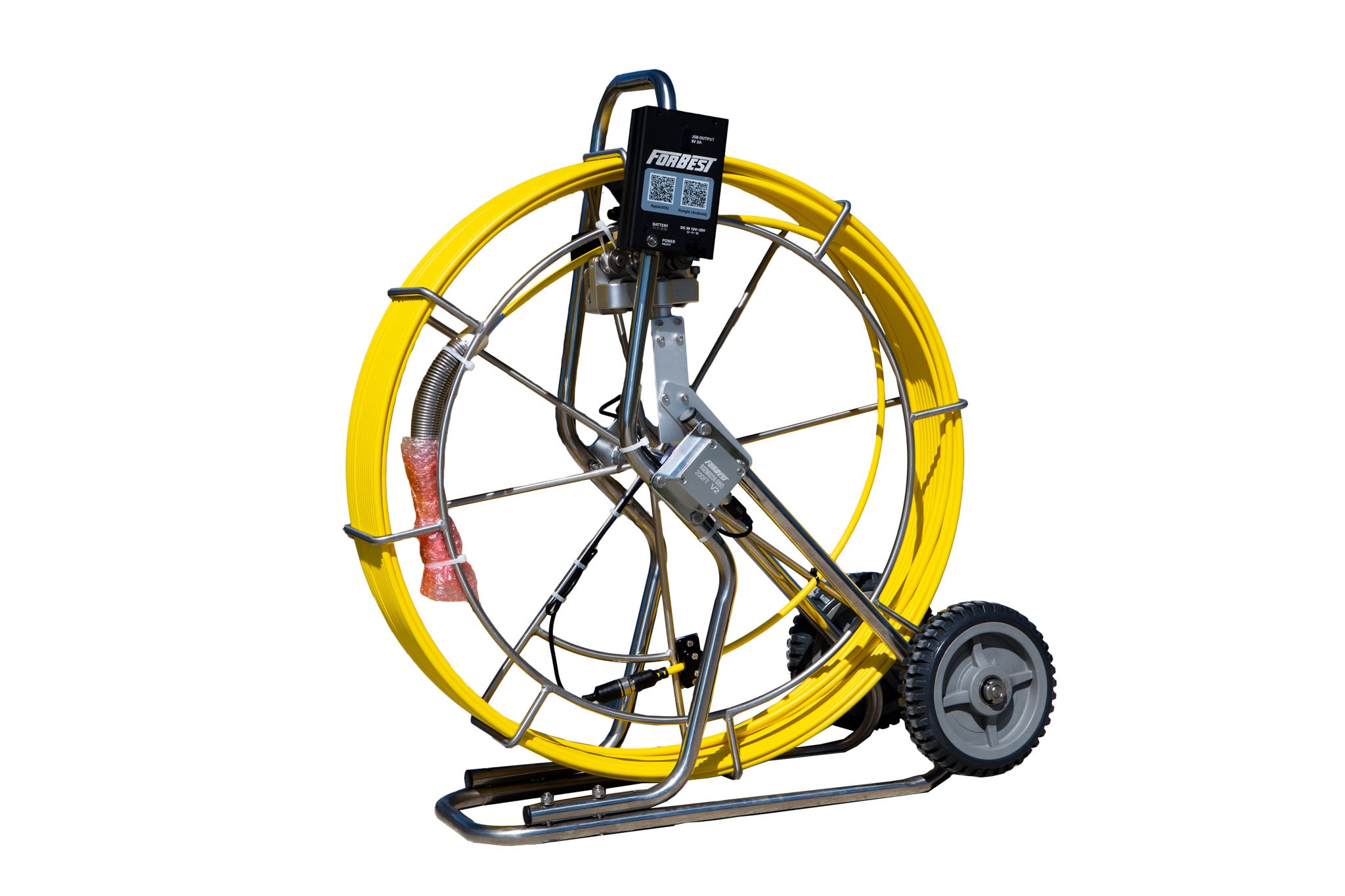Yellow industrial inspection camera with reel on a white background