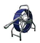 A blue push cable with a stainless steel camera head mounted on a metal frame, designed for pipe inspection.