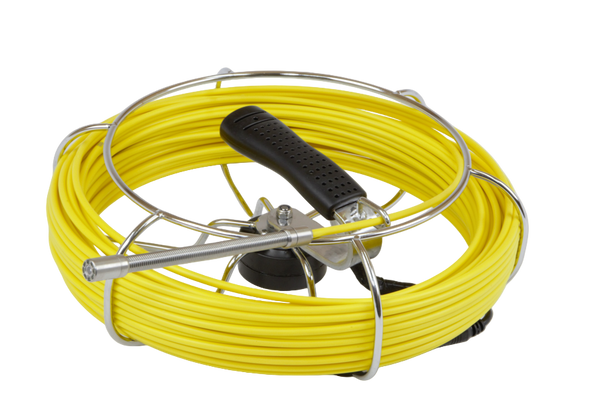 Yellow cable with a reel and black handle on a white background