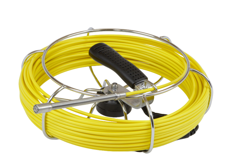 Yellow cable with a reel and black handle on a white background